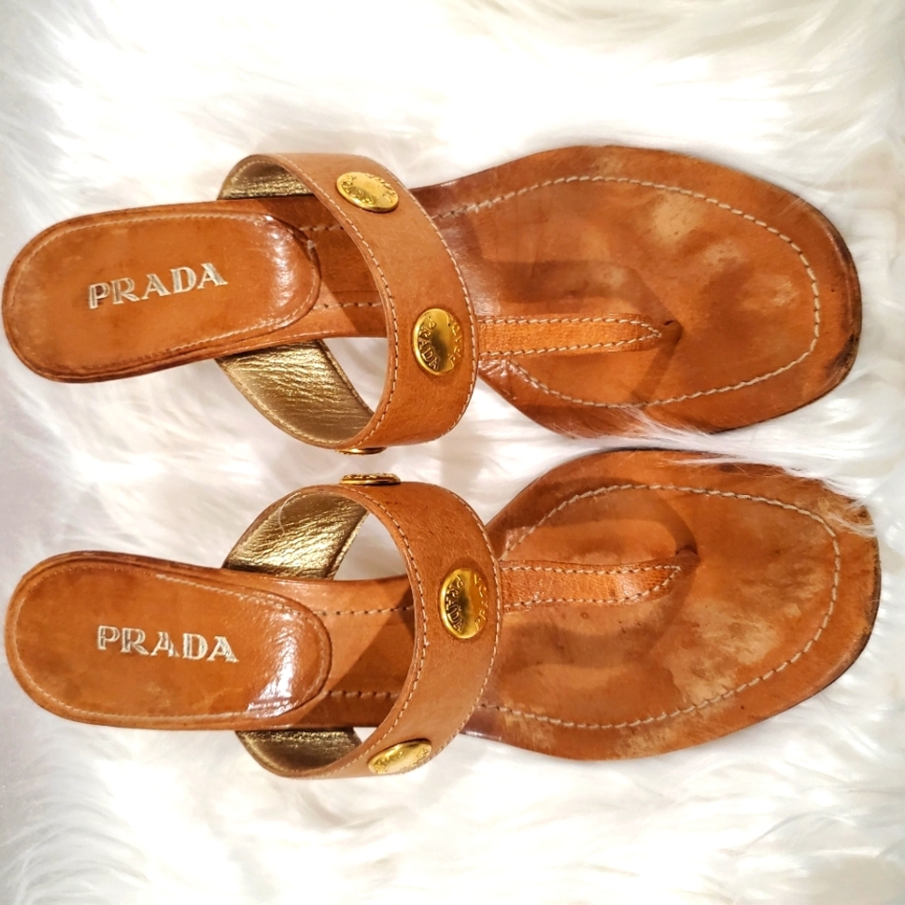 Prada Light Brown Leather Studded Gladiator Thong Sandal/Kitten Mules